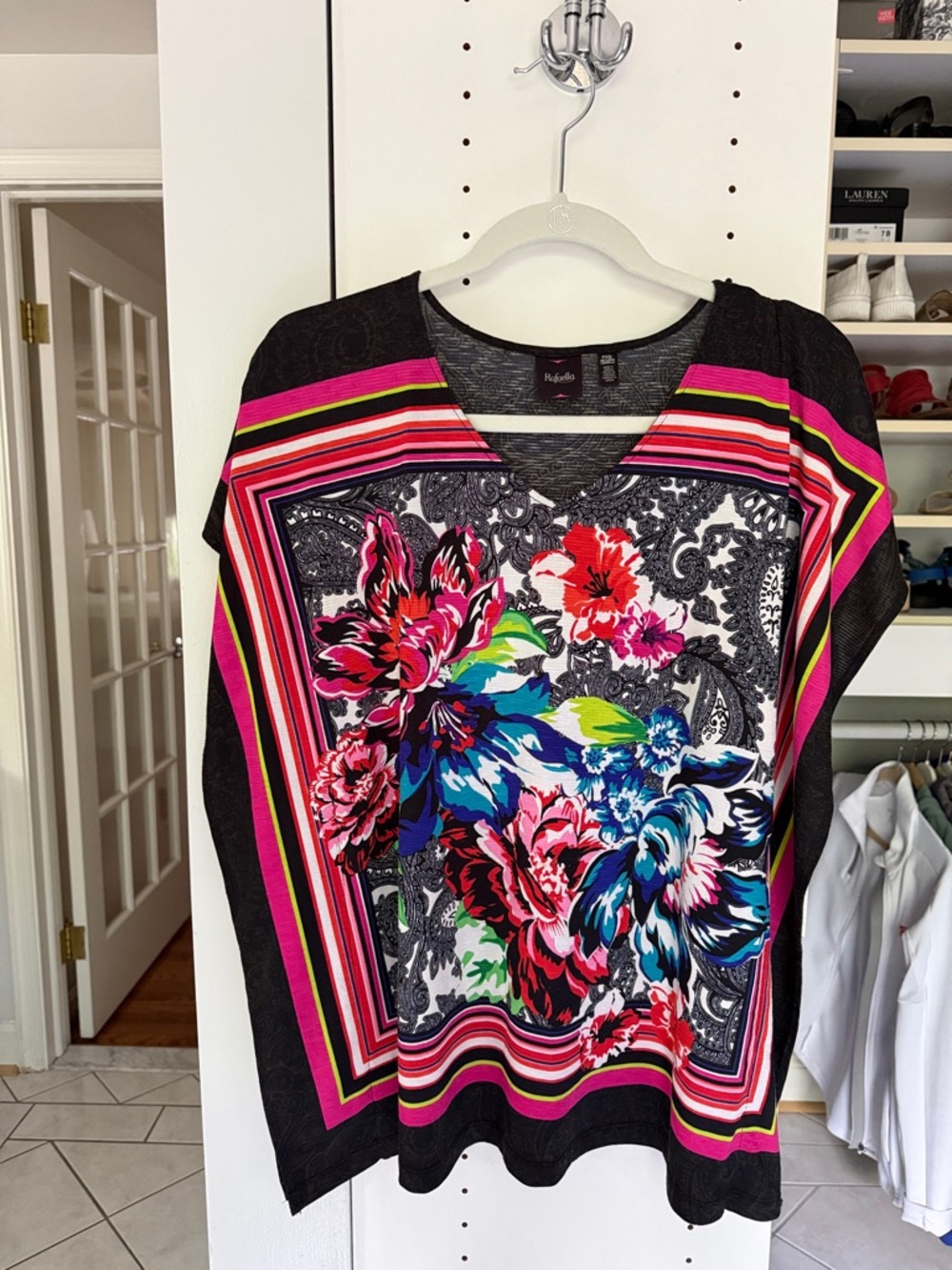 Rafaella Multicolor Floral V-Neck Tunic with Pink Stripe Accents